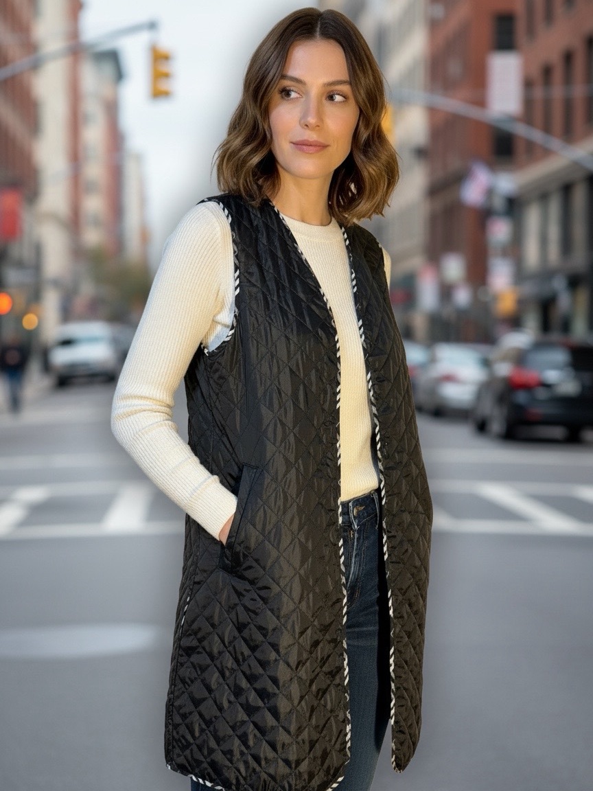 London Fog Black Quilted Long Vest